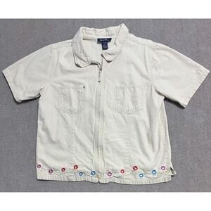 Denim & Co Shirt Womens XL Embroidered Floral Zip Front‎ Short Sleeve